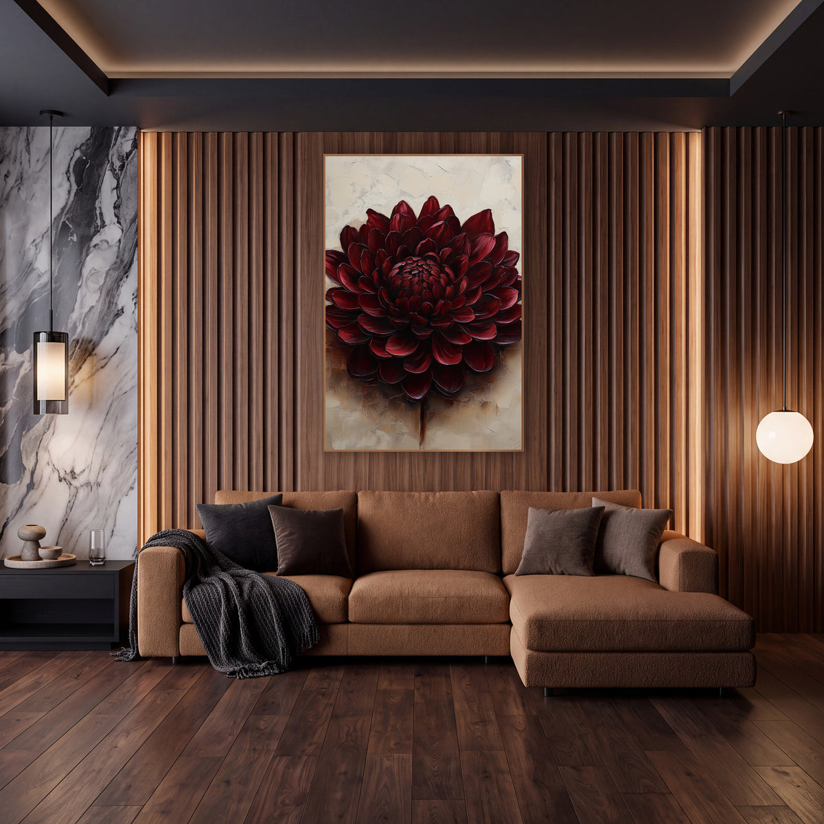 Burgundy Chrysanthemum Cream Luxe wall art in an elegant modern room – large burgundy chrysanthemum with layered