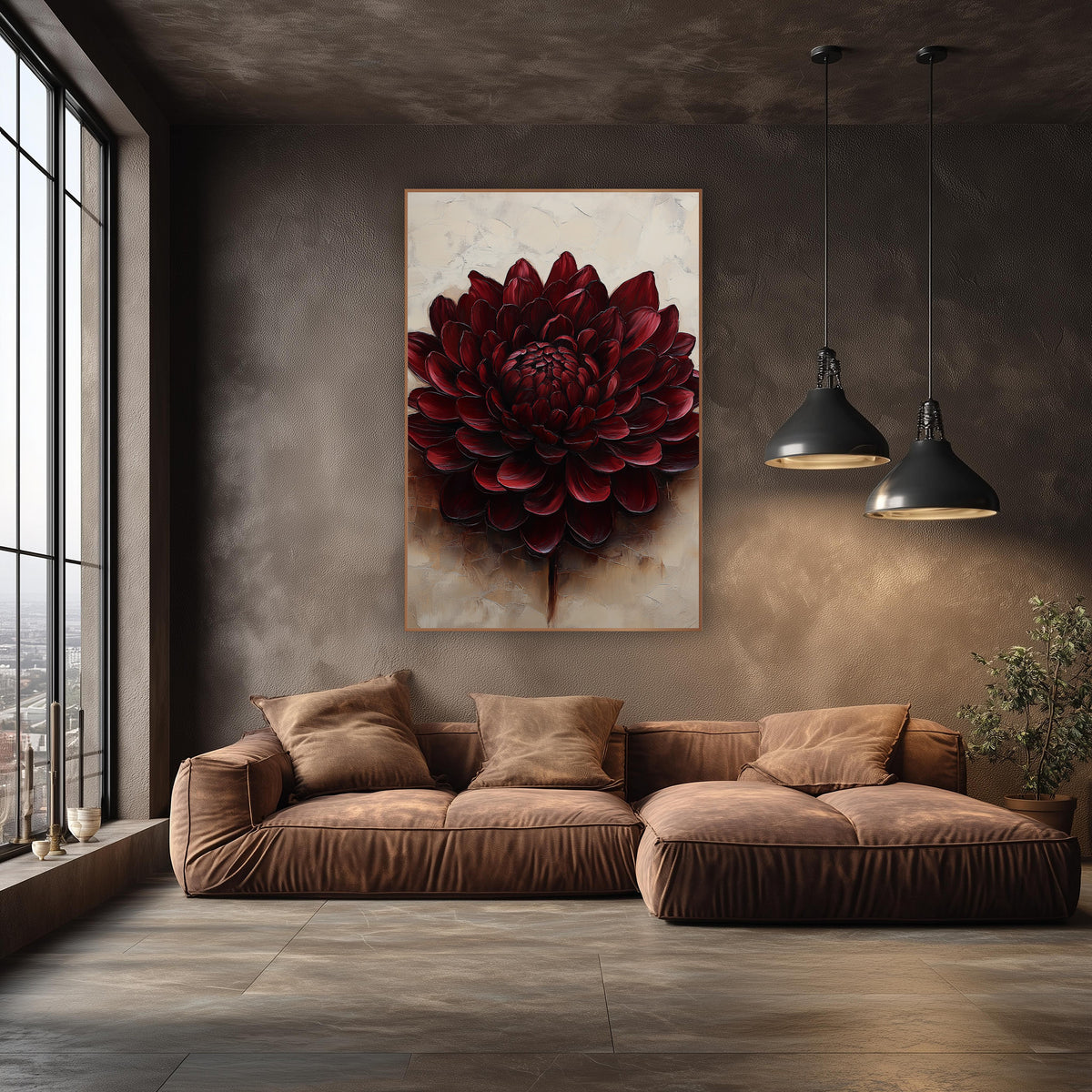 Burgundy Chrysanthemum Cream Luxe wall art in an elegant modern room – large burgundy chrysanthemum with layered