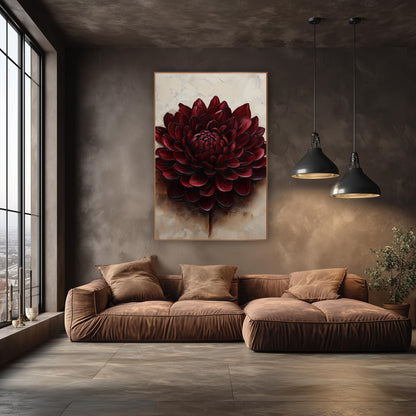 Burgundy Chrysanthemum Cream Luxe wall art in an elegant modern room – large burgundy chrysanthemum with layered