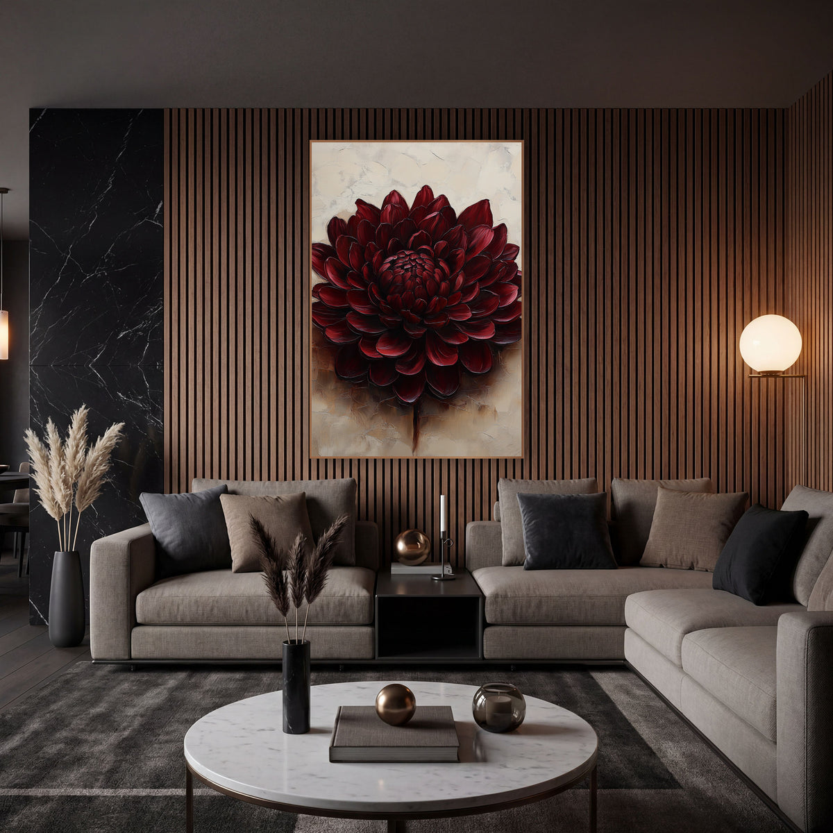 Burgundy Chrysanthemum Cream Luxe wall art in an elegant modern room – large burgundy chrysanthemum with layered