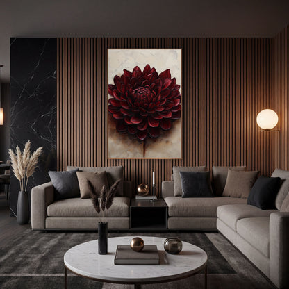 Burgundy Chrysanthemum Cream Luxe wall art in an elegant modern room – large burgundy chrysanthemum with layered