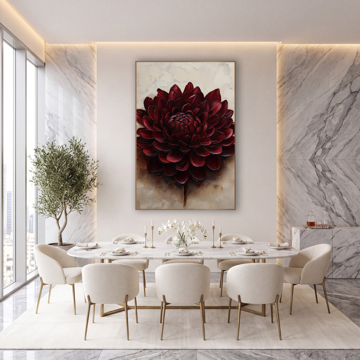 Burgundy Chrysanthemum Cream Luxe wall art in an elegant modern room – large burgundy chrysanthemum with layered