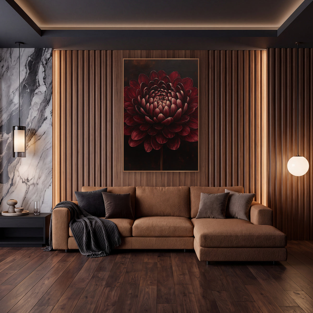 Midnight Burgundy Dahlia Glow Painted wall art in an elegant modern room – large burgundy flower with layered petals