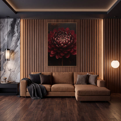 Midnight Burgundy Dahlia Glow Painted wall art in an elegant modern room – large burgundy flower with layered petals