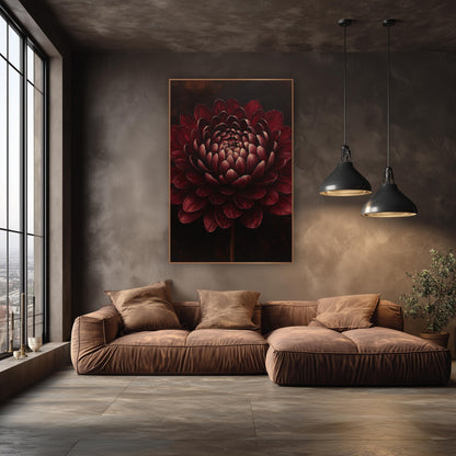 Midnight Burgundy Dahlia Glow Painted wall art in an elegant modern room – large burgundy flower with layered petals
