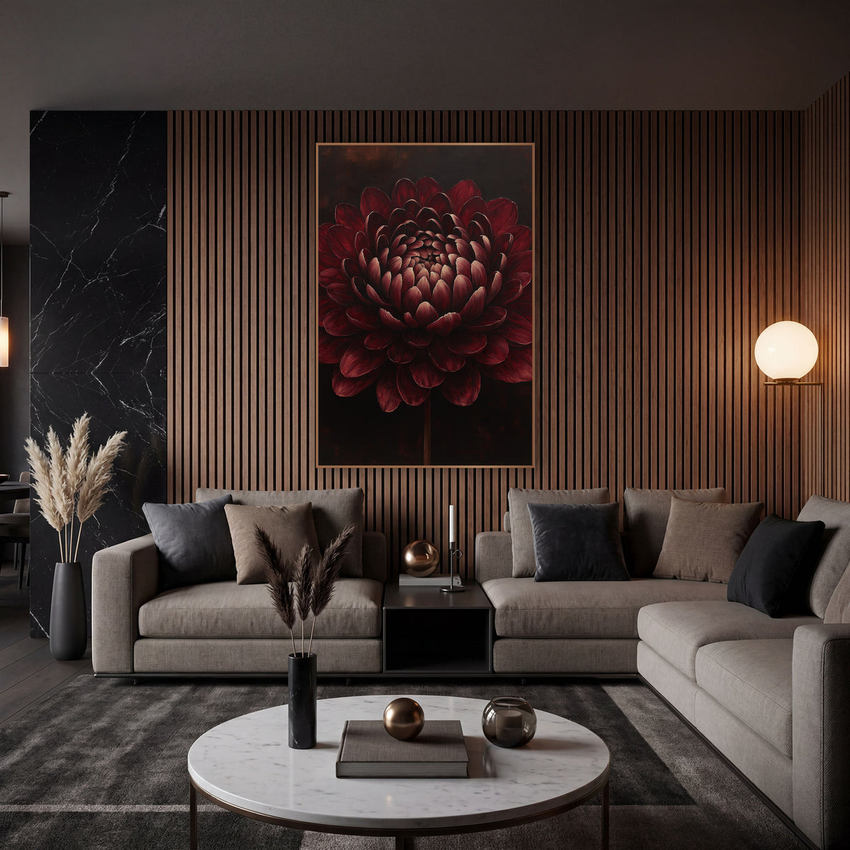 Midnight Burgundy Dahlia Glow Painted wall art in an elegant modern room – large burgundy flower with layered petals