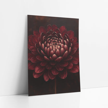 Midnight Burgundy Dahlia Glow Painted art print leaning against a white wall – large burgundy flower with layered petals