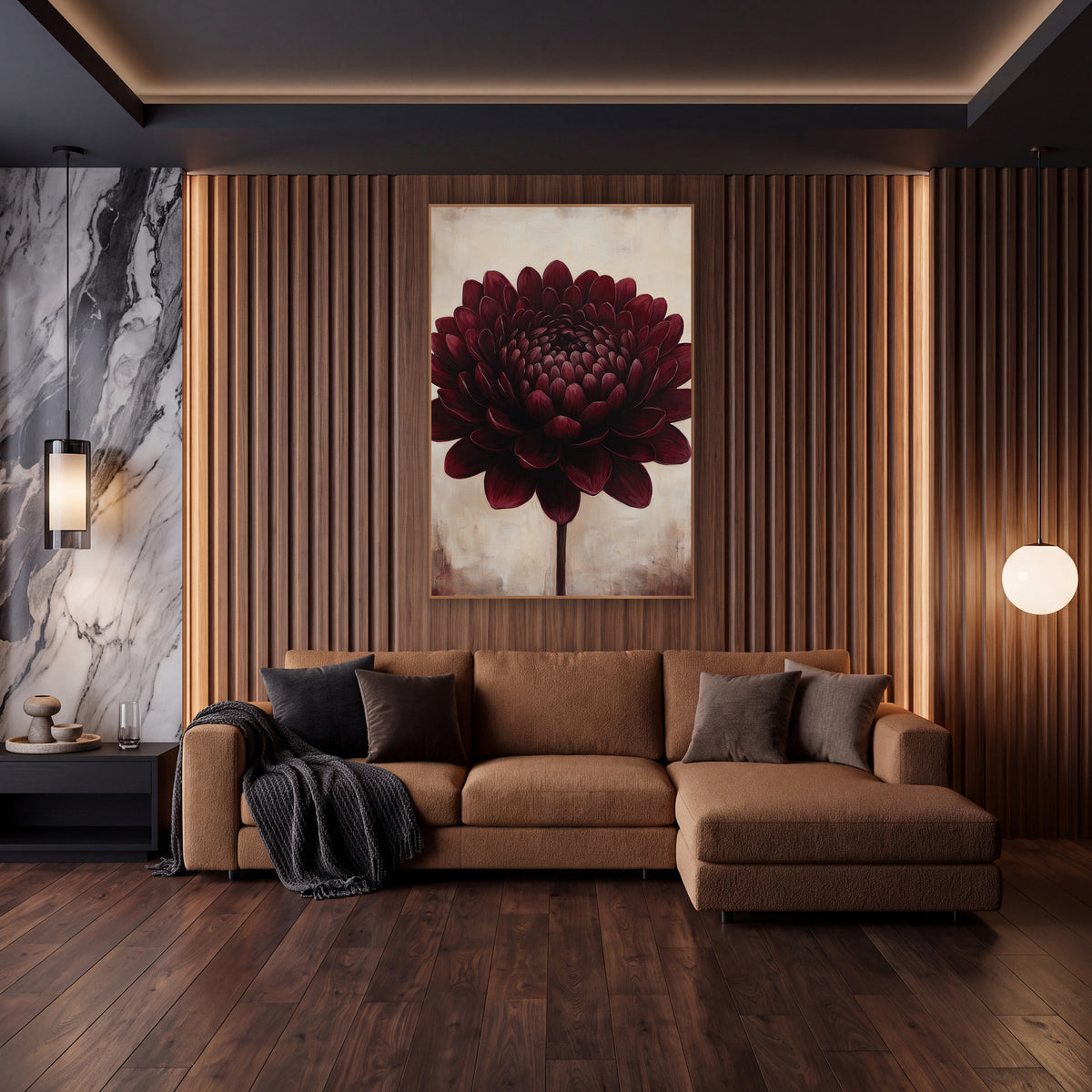Ivory Backdrop Burgundy Dahlia Rustic wall art in an elegant modern room – large burgundy flower with layered rounded