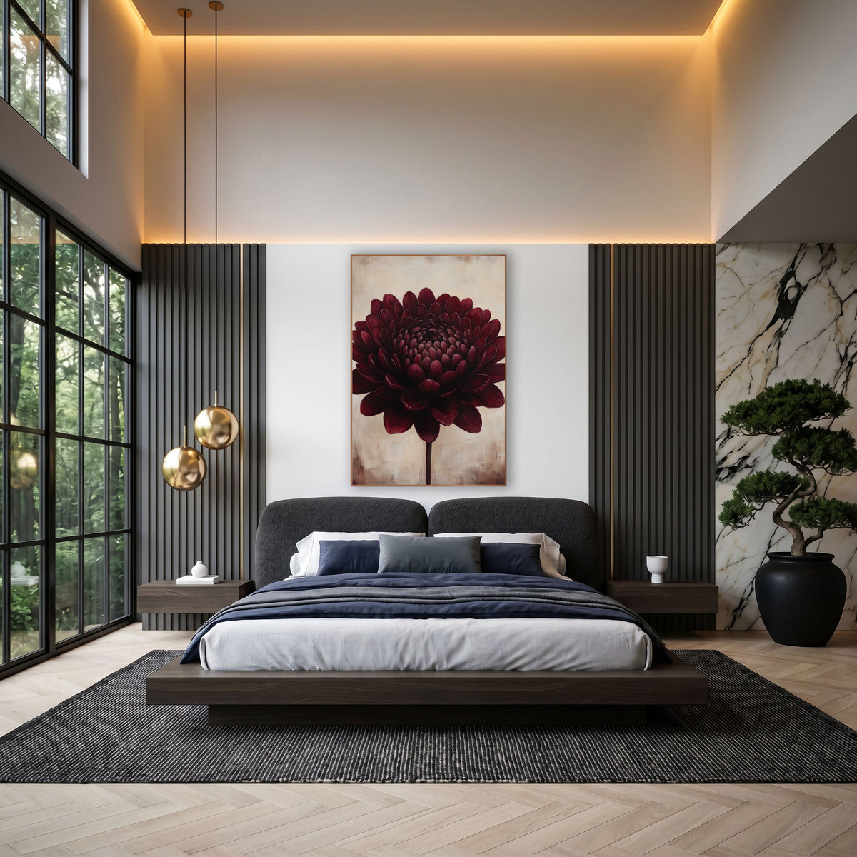 Ivory Backdrop Burgundy Dahlia Rustic wall art in an elegant modern room – large burgundy flower with layered rounded