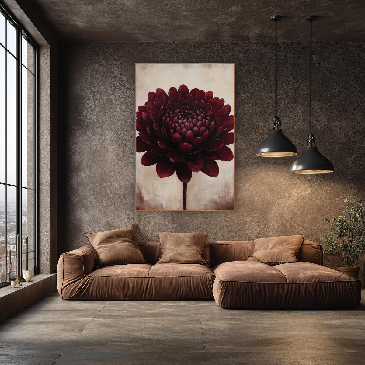 Ivory Backdrop Burgundy Dahlia Rustic wall art in an elegant modern room – large burgundy flower with layered rounded
