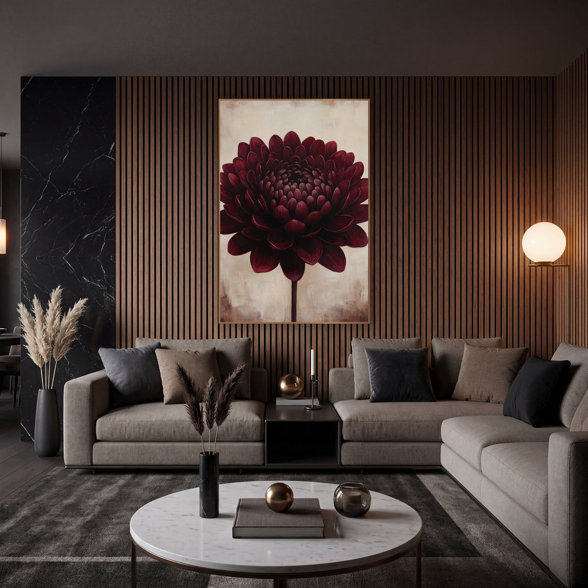 Ivory Backdrop Burgundy Dahlia Rustic wall art in an elegant modern room – large burgundy flower with layered rounded