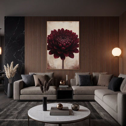 Ivory Backdrop Burgundy Dahlia Rustic wall art in an elegant modern room – large burgundy flower with layered rounded
