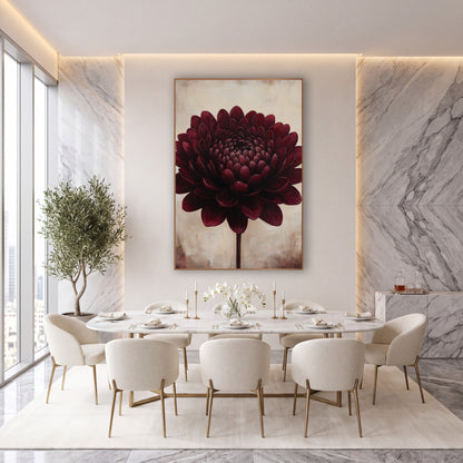 Ivory Backdrop Burgundy Dahlia Rustic wall art in an elegant modern room – large burgundy flower with layered rounded