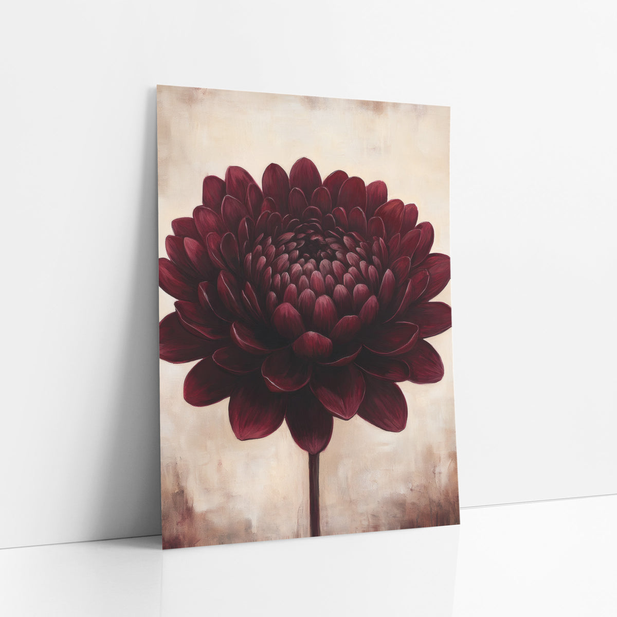 Ivory Backdrop Burgundy Dahlia Rustic art print leaning against a white wall – large burgundy flower with layered rounded