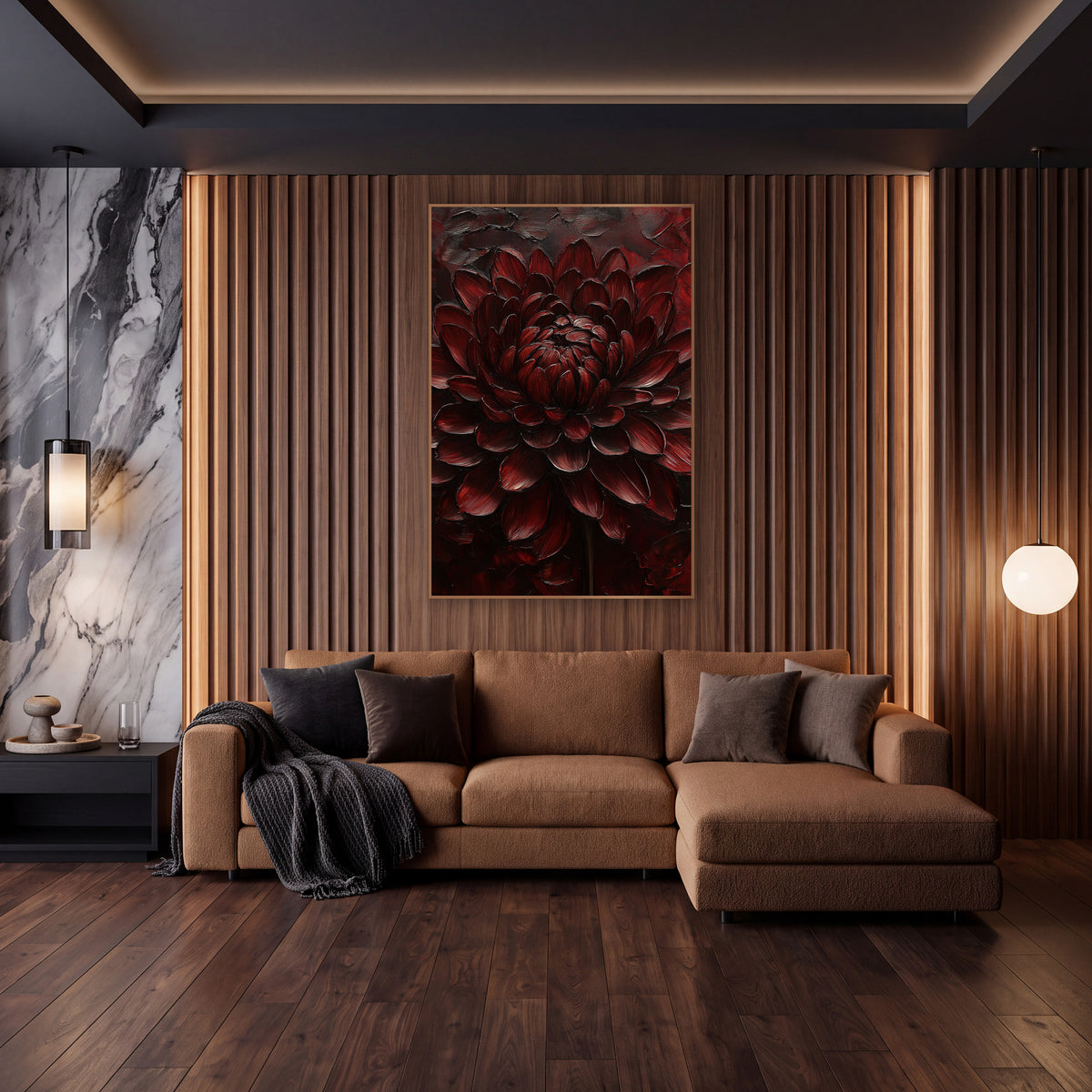 Burgundy Chrysanthemum Moody Luxe Floral wall art in an elegant modern room – large burgundy chrysanthemum