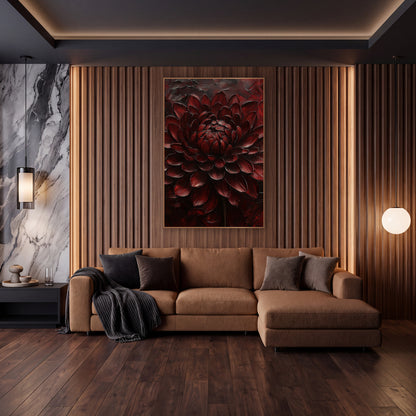 Burgundy Chrysanthemum Moody Luxe Floral wall art in an elegant modern room – large burgundy chrysanthemum