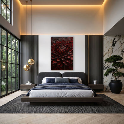 Burgundy Chrysanthemum Moody Luxe Floral wall art in an elegant modern room – large burgundy chrysanthemum