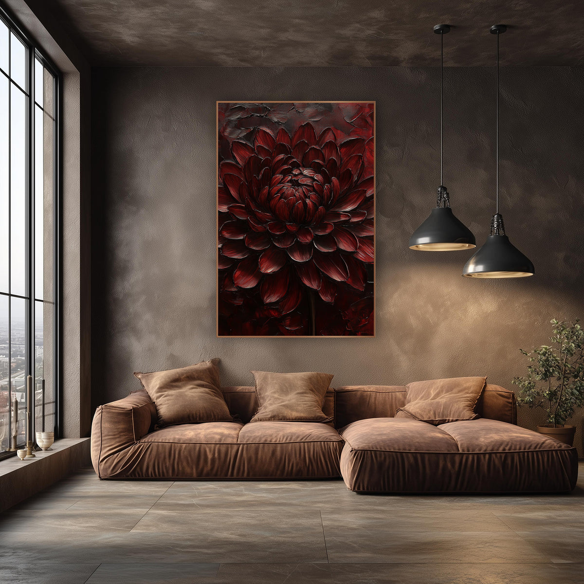 Burgundy Chrysanthemum Moody Luxe Floral wall art in an elegant modern room – large burgundy chrysanthemum