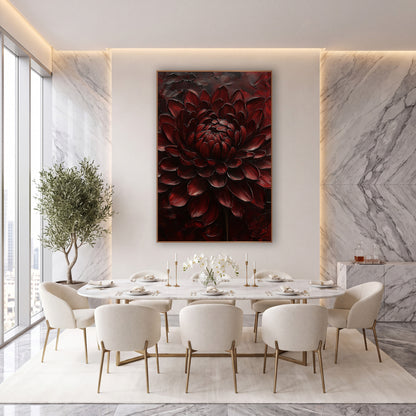 Burgundy Chrysanthemum Moody Luxe Floral wall art in an elegant modern room – large burgundy chrysanthemum