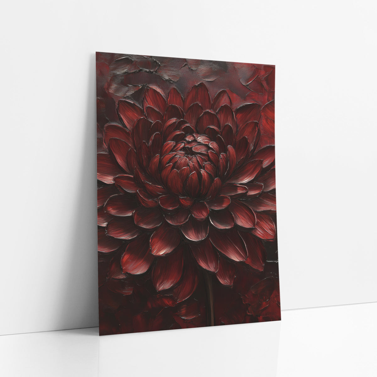 Burgundy Chrysanthemum Moody Luxe Floral art print leaning against a white wall – large burgundy chrysanthemum with layered