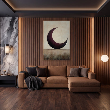 Plum Crescent Over Horizon Minimalist wall art in an elegant modern room – large burgundy crescent moon on a pale