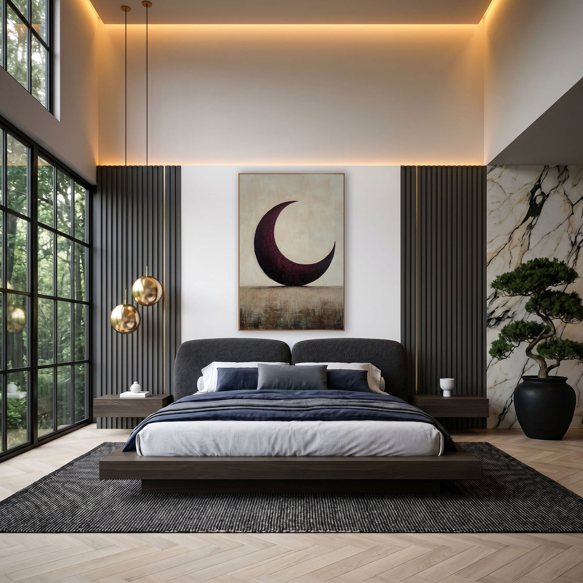 Plum Crescent Over Horizon Minimalist wall art in an elegant modern room – large burgundy crescent moon on a pale