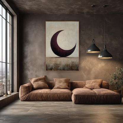 Plum Crescent Over Horizon Minimalist wall art in an elegant modern room – large burgundy crescent moon on a pale