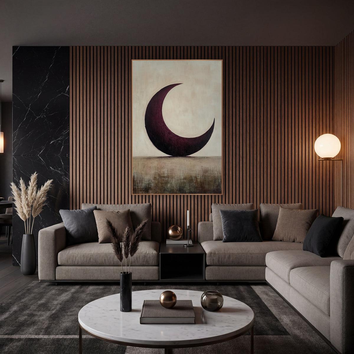 Plum Crescent Over Horizon Minimalist wall art in an elegant modern room – large burgundy crescent moon on a pale