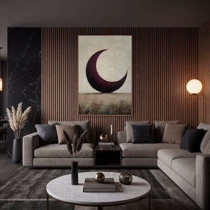 Plum Crescent Over Horizon Minimalist wall art in an elegant modern room – large burgundy crescent moon on a pale