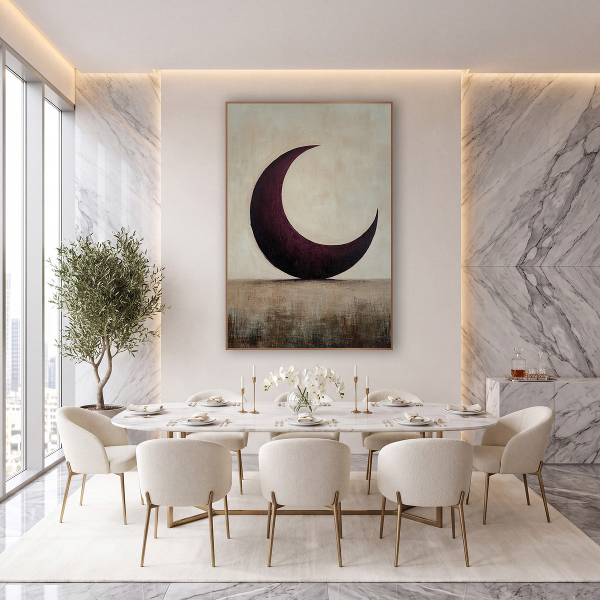 Plum Crescent Over Horizon Minimalist wall art in an elegant modern room – large burgundy crescent moon on a pale