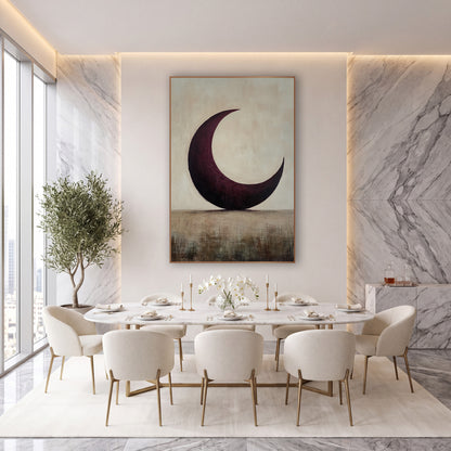 Plum Crescent Over Horizon Minimalist wall art in an elegant modern room – large burgundy crescent moon on a pale