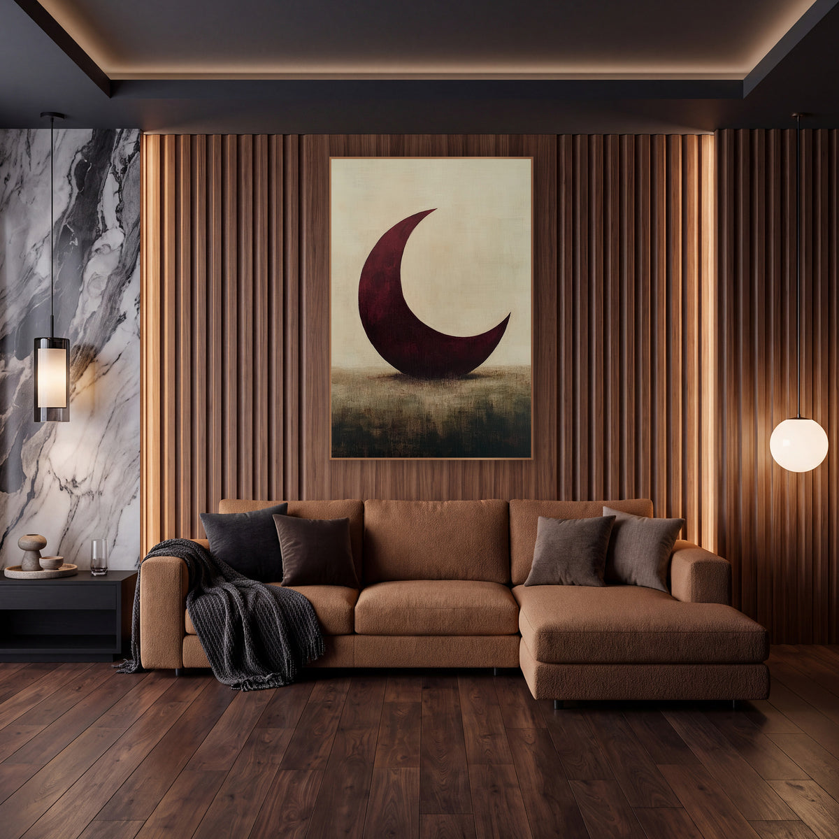 Wine Crescent Tilted Meadow Painterly wall art in an elegant modern room – large burgundy crescent moon resting