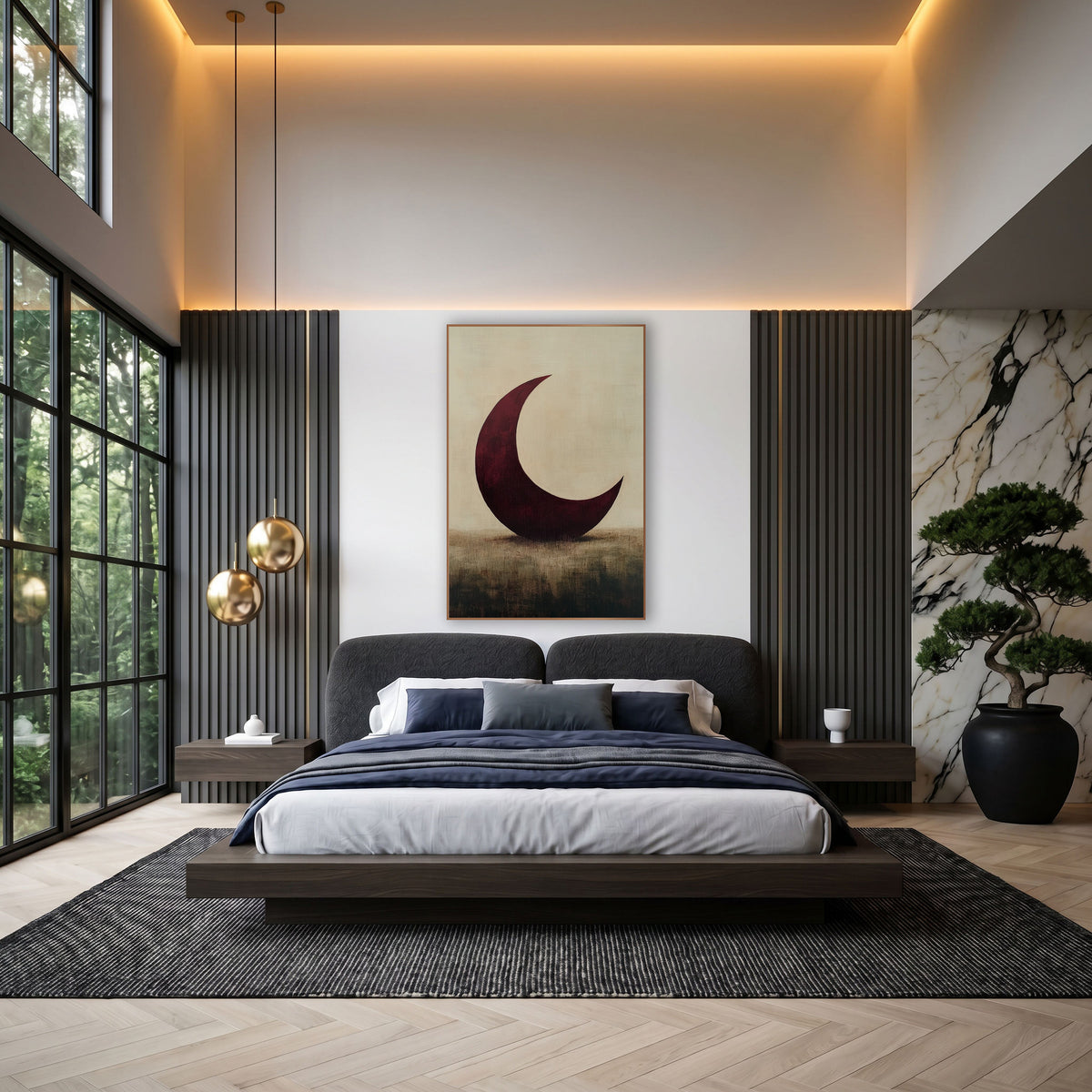 Wine Crescent Tilted Meadow Painterly wall art in an elegant modern room – large burgundy crescent moon resting