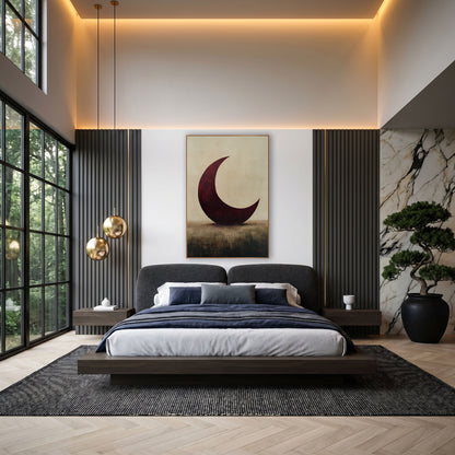 Wine Crescent Tilted Meadow Painterly wall art in an elegant modern room – large burgundy crescent moon resting