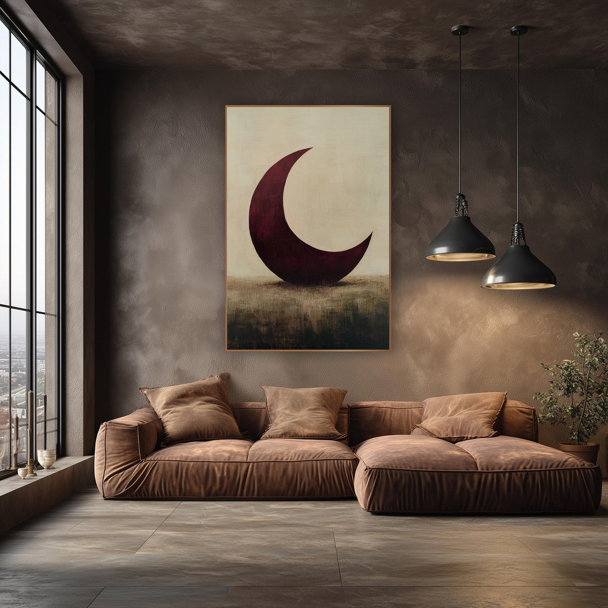 Wine Crescent Tilted Meadow Painterly wall art in an elegant modern room – large burgundy crescent moon resting