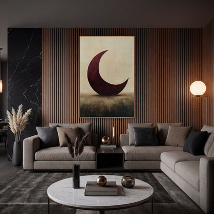 Wine Crescent Tilted Meadow Painterly wall art in an elegant modern room – large burgundy crescent moon resting