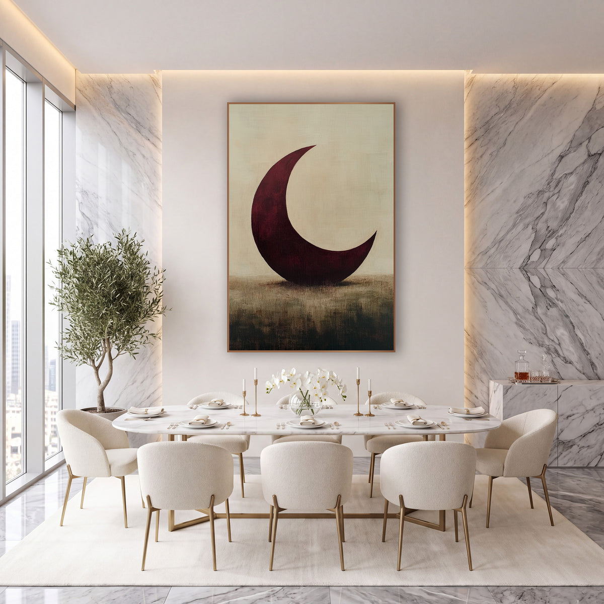 Wine Crescent Tilted Meadow Painterly wall art in an elegant modern room – large burgundy crescent moon resting