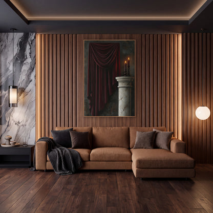 Burgundy Velvet Drapery Candlelit Still Life wall art in an elegant modern room – burgundy drapery hanging