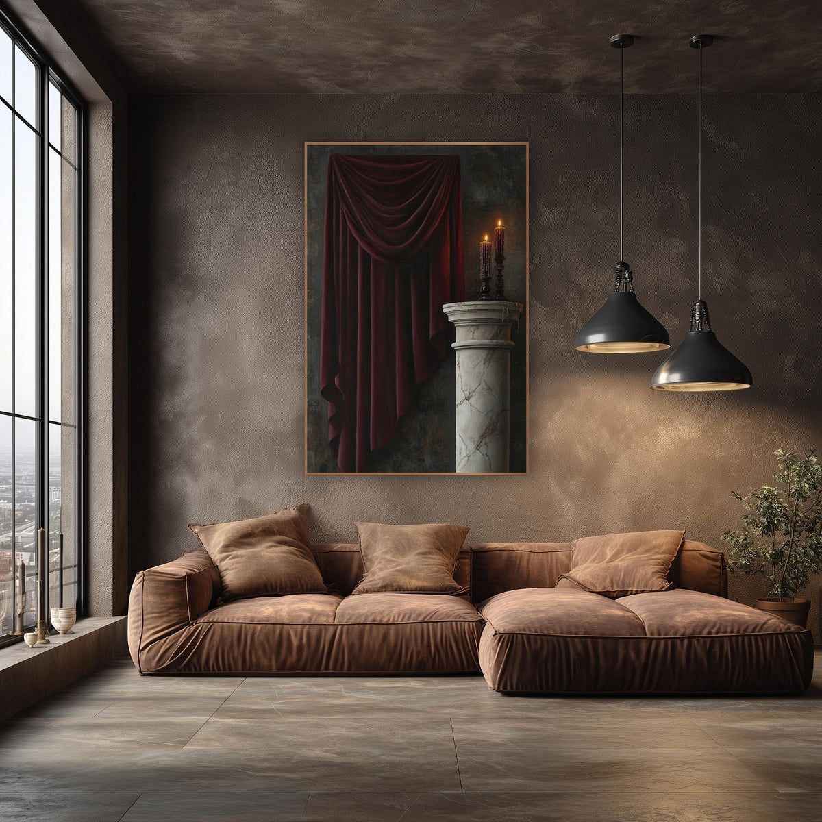Burgundy Velvet Drapery Candlelit Still Life wall art in an elegant modern room – burgundy drapery hanging