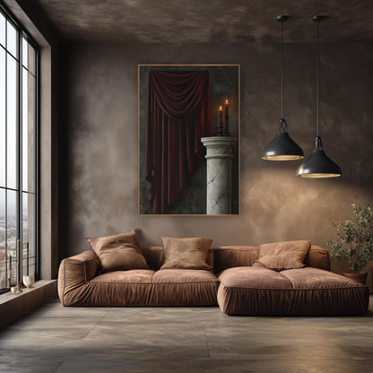 Burgundy Velvet Drapery Candlelit Still Life wall art in an elegant modern room – burgundy drapery hanging