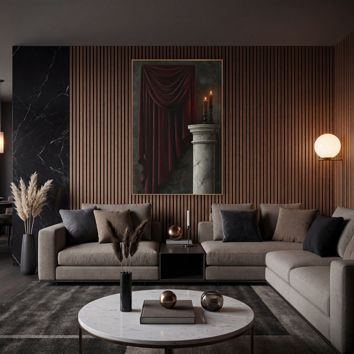 Burgundy Velvet Drapery Candlelit Still Life wall art in an elegant modern room – burgundy drapery hanging