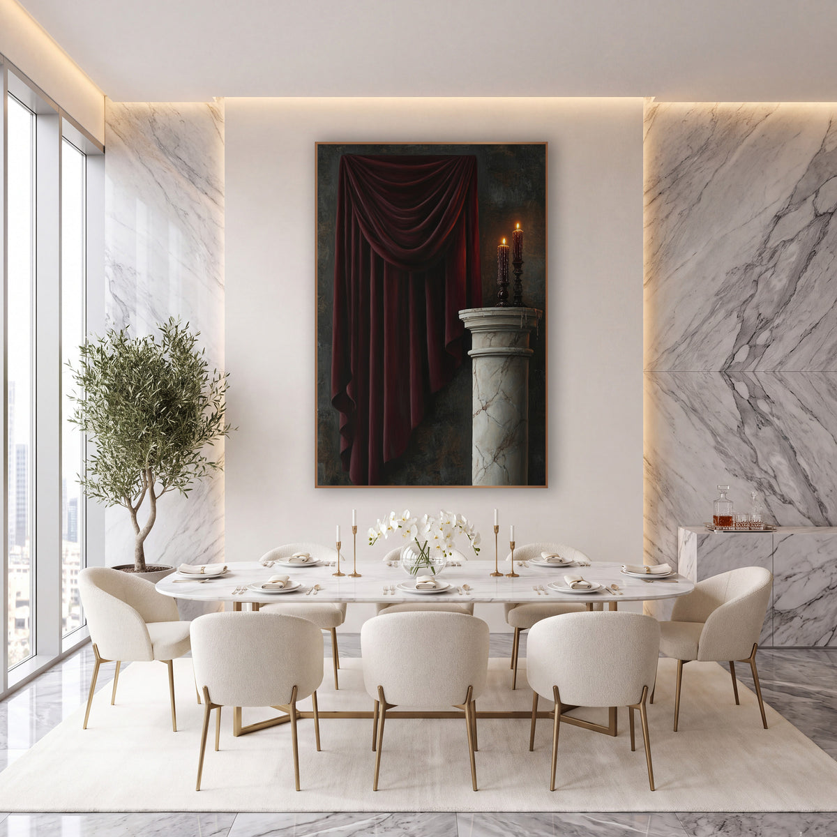 Burgundy Velvet Drapery Candlelit Still Life wall art in an elegant modern room – burgundy drapery hanging