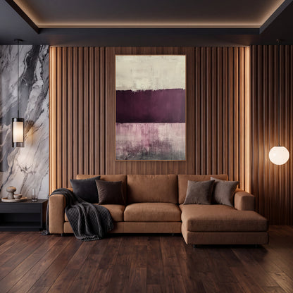 Plum Mauve Cream Abstract Color Field wall art in an elegant modern room – abstract artwork with a cream band, a deep