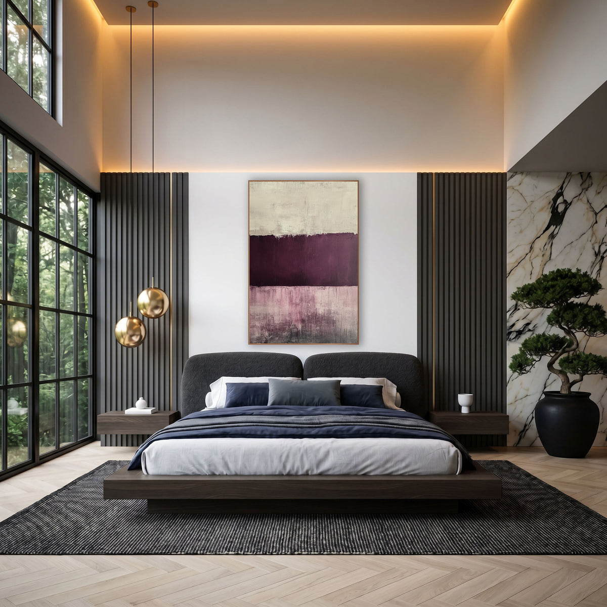 Plum Mauve Cream Abstract Color Field wall art in an elegant modern room – abstract artwork with a cream band, a deep