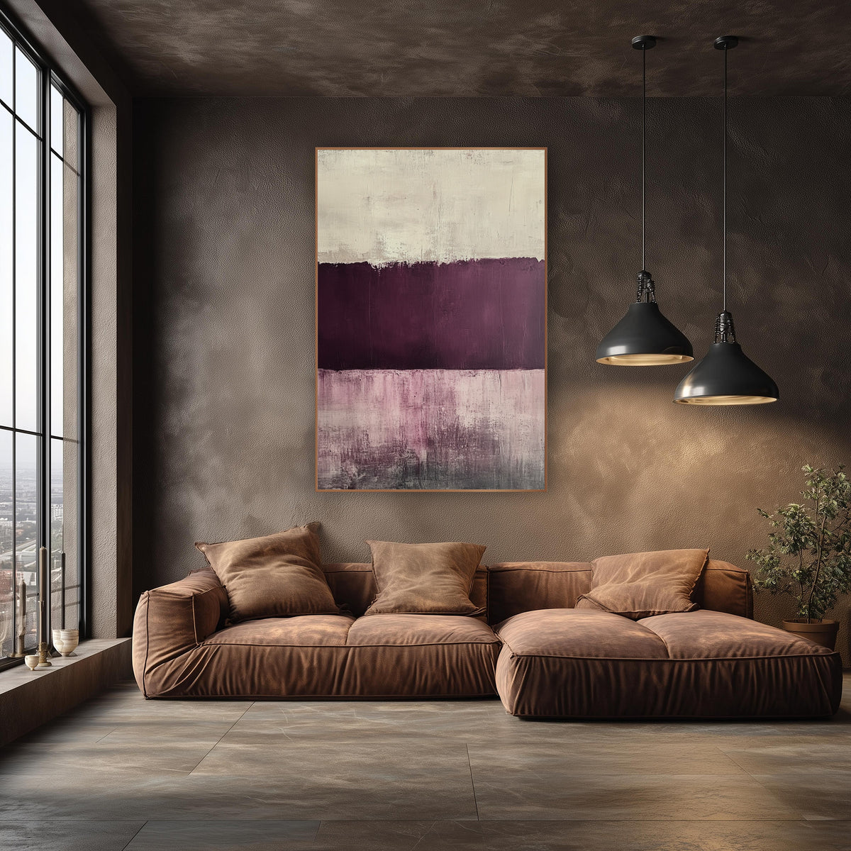 Plum Mauve Cream Abstract Color Field wall art in an elegant modern room – abstract artwork with a cream band, a deep