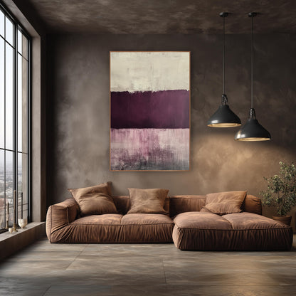 Plum Mauve Cream Abstract Color Field wall art in an elegant modern room – abstract artwork with a cream band, a deep