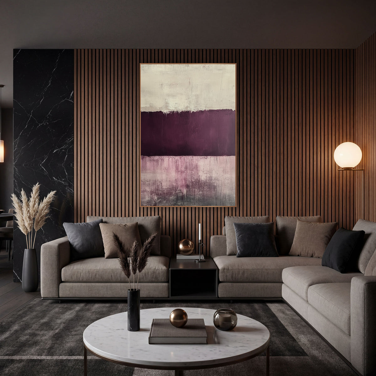 Plum Mauve Cream Abstract Color Field wall art in an elegant modern room – abstract artwork with a cream band, a deep