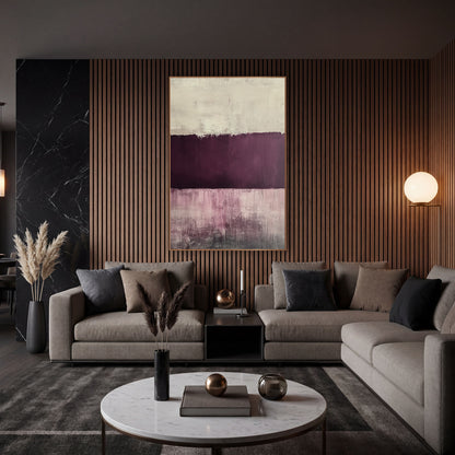 Plum Mauve Cream Abstract Color Field wall art in an elegant modern room – abstract artwork with a cream band, a deep