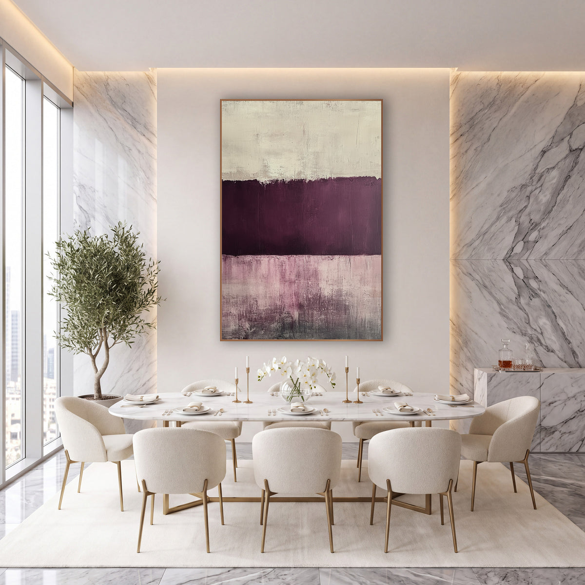 Plum Mauve Cream Abstract Color Field wall art in an elegant modern room – abstract artwork with a cream band, a deep