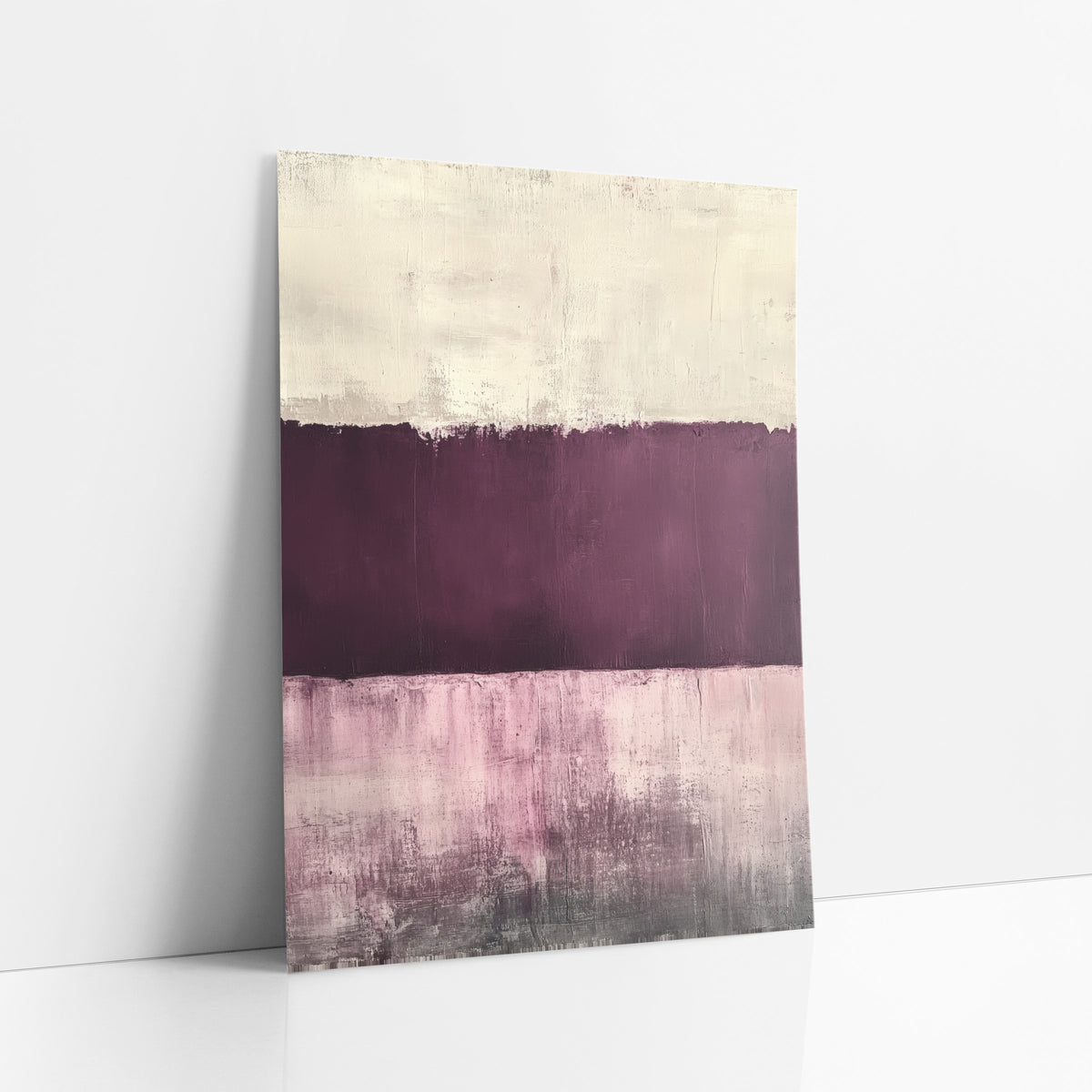 Plum Mauve Cream Abstract Color Field art print leaning against a white wall – abstract artwork with a cream band, a deep